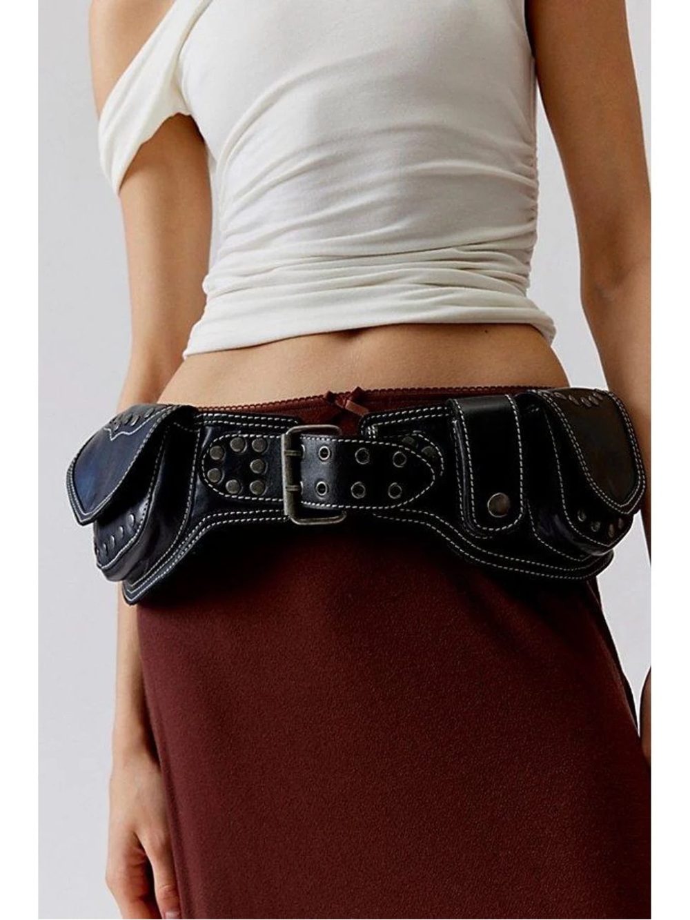 Urban Outfitters dark brown/Black Leather Multi-Pocket Belt Bag